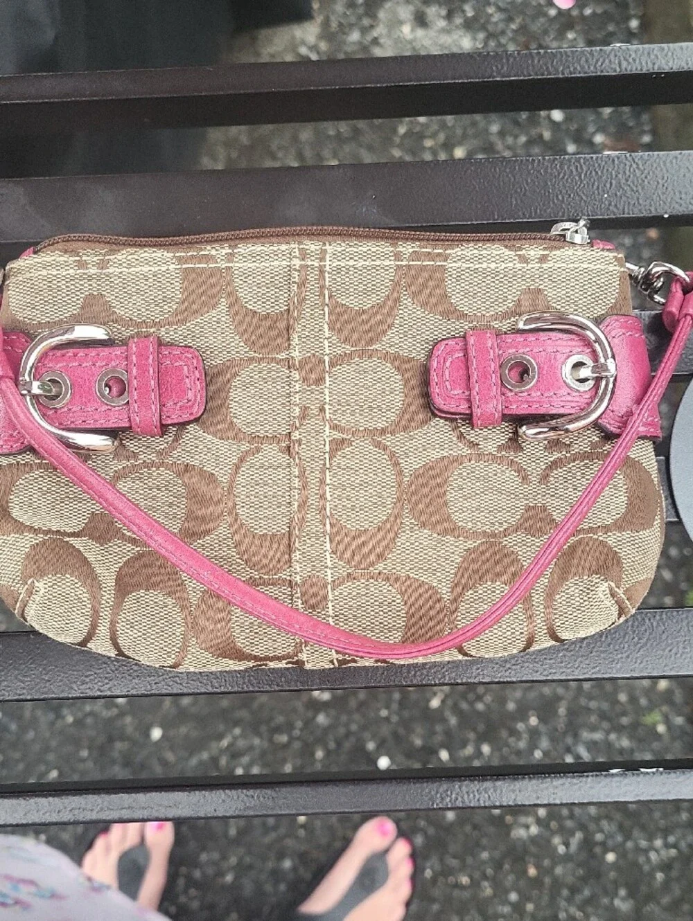 Coach Signature Canvas Wristlet in Brown with Pink Trim